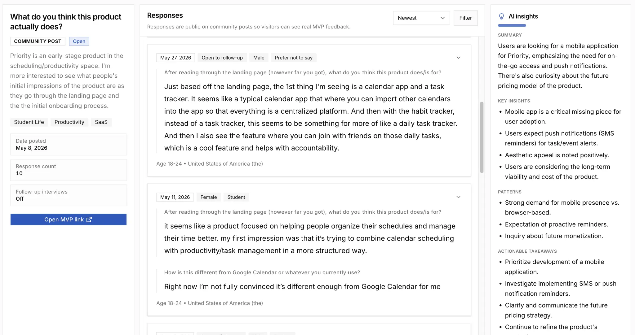 PainPoint product preview showing a community post, responses, and AI insights